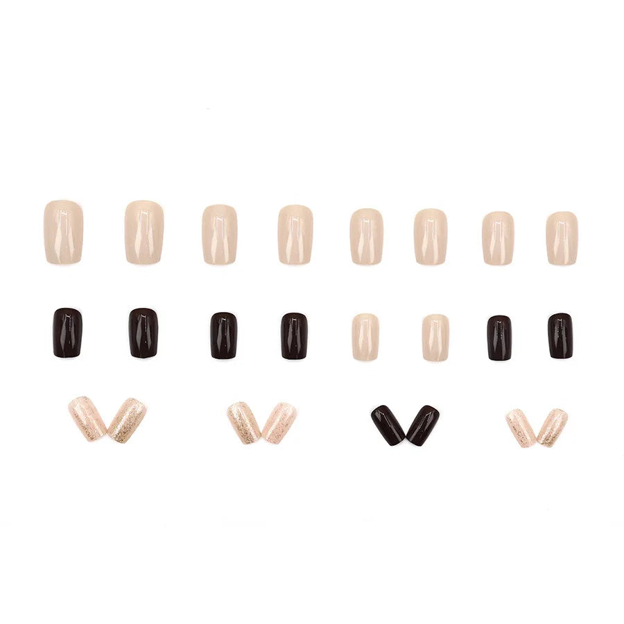 24pcs/set Short square fake nails for women girls Sparkling glitters with nude brown golden glossy nail tips press on false nail