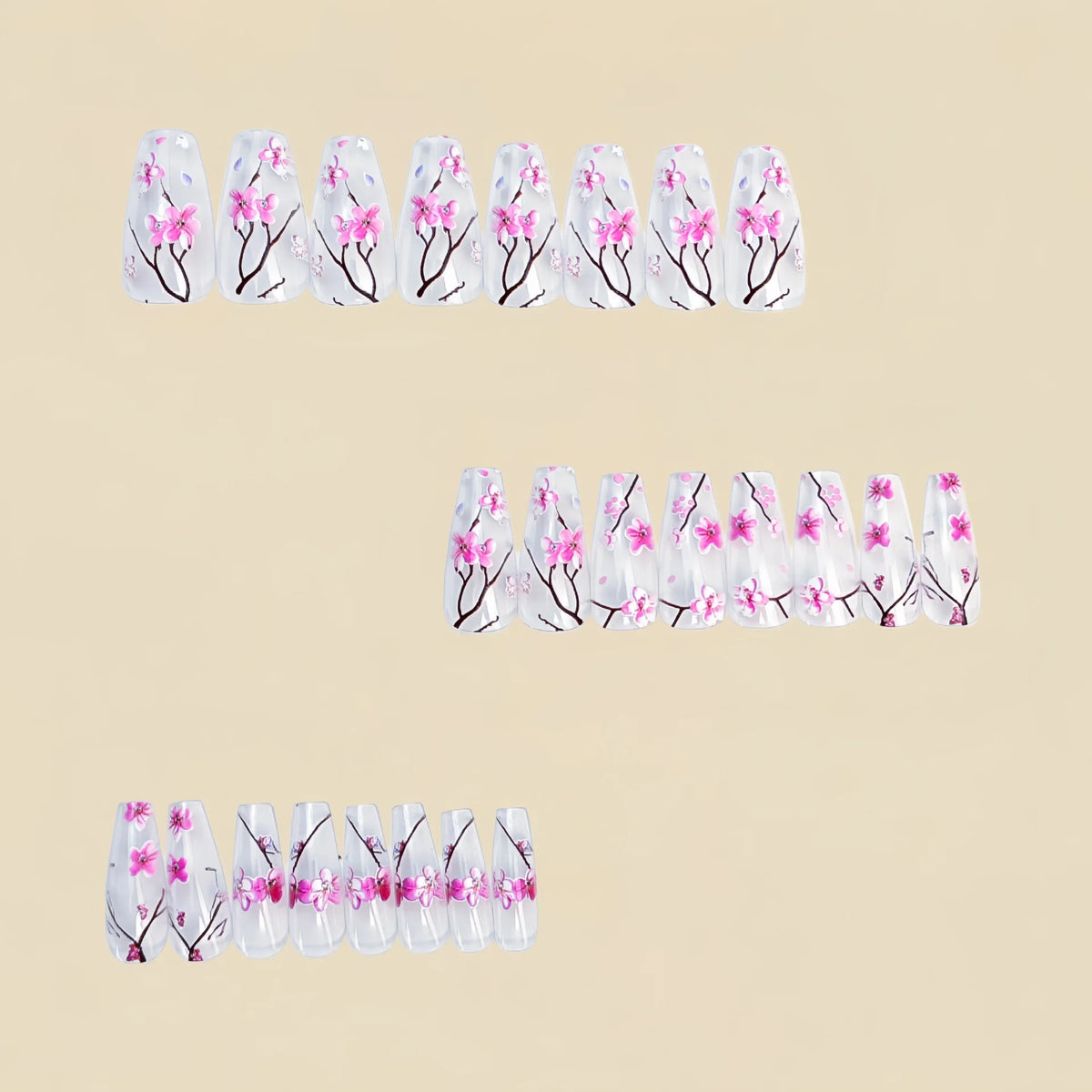Medium long fake nails for women girls half clear nail tips pink flowers design ballet shape full cover reusable press on nails