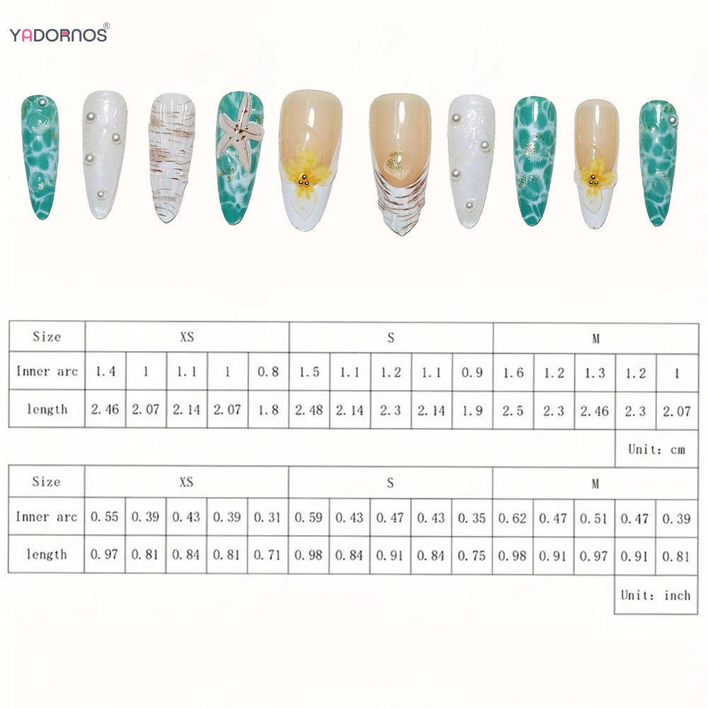 Water Ripple Starfish Handmade Press-On Nails – Almond, 10 Pcs