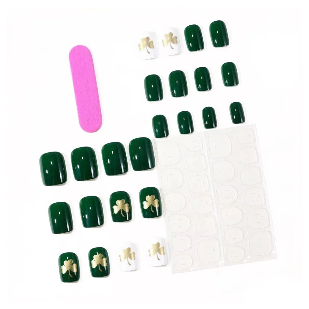 Short fake nails for women dark green white colors with golden golden Four-leaf clover square shape full cover press on nail art