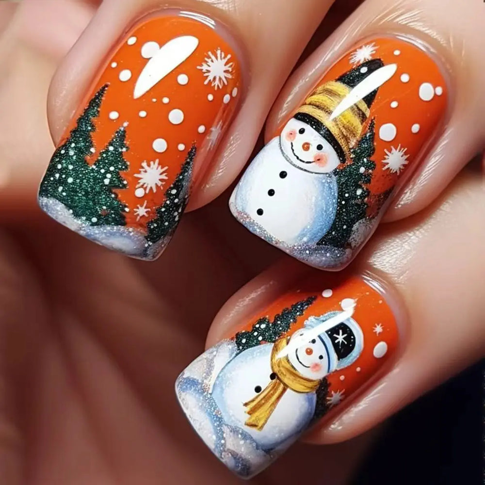 Christmas Winter Forest Snowflake & Santa Press-On Nails – Medium Square Almond