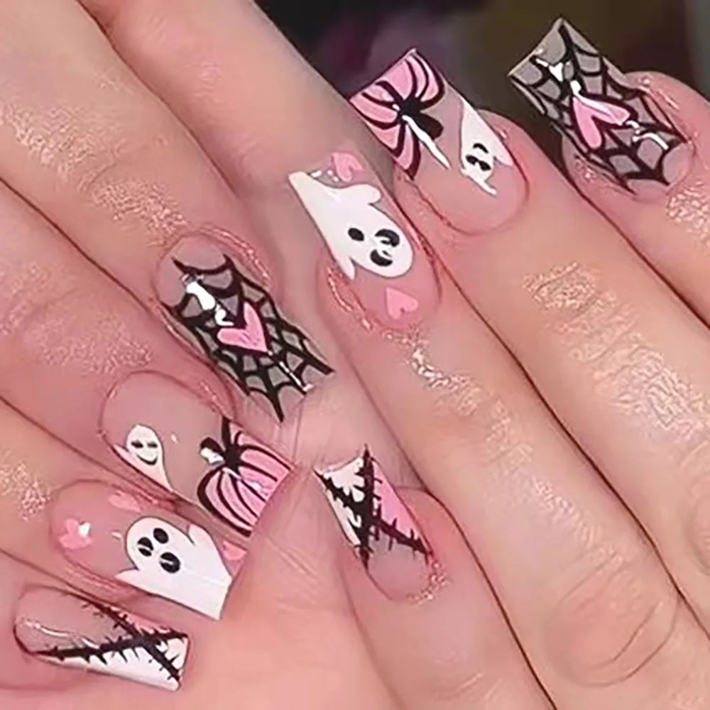 Pink Ombre Ghost & Pumpkin French Press-On Nails – Medium Coffin, 24 Pcs