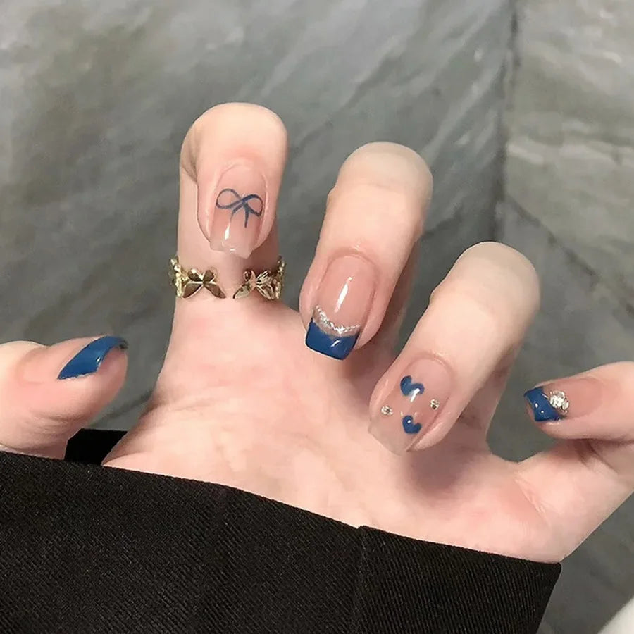 Blue & Mint Heart Glitter Valentine's Press-On Nails – Short/Medium
