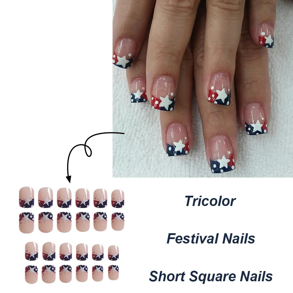 Short Square fake nails for women gilrs gradient blue red star strips for Independence Day full cover press on acrylic nails