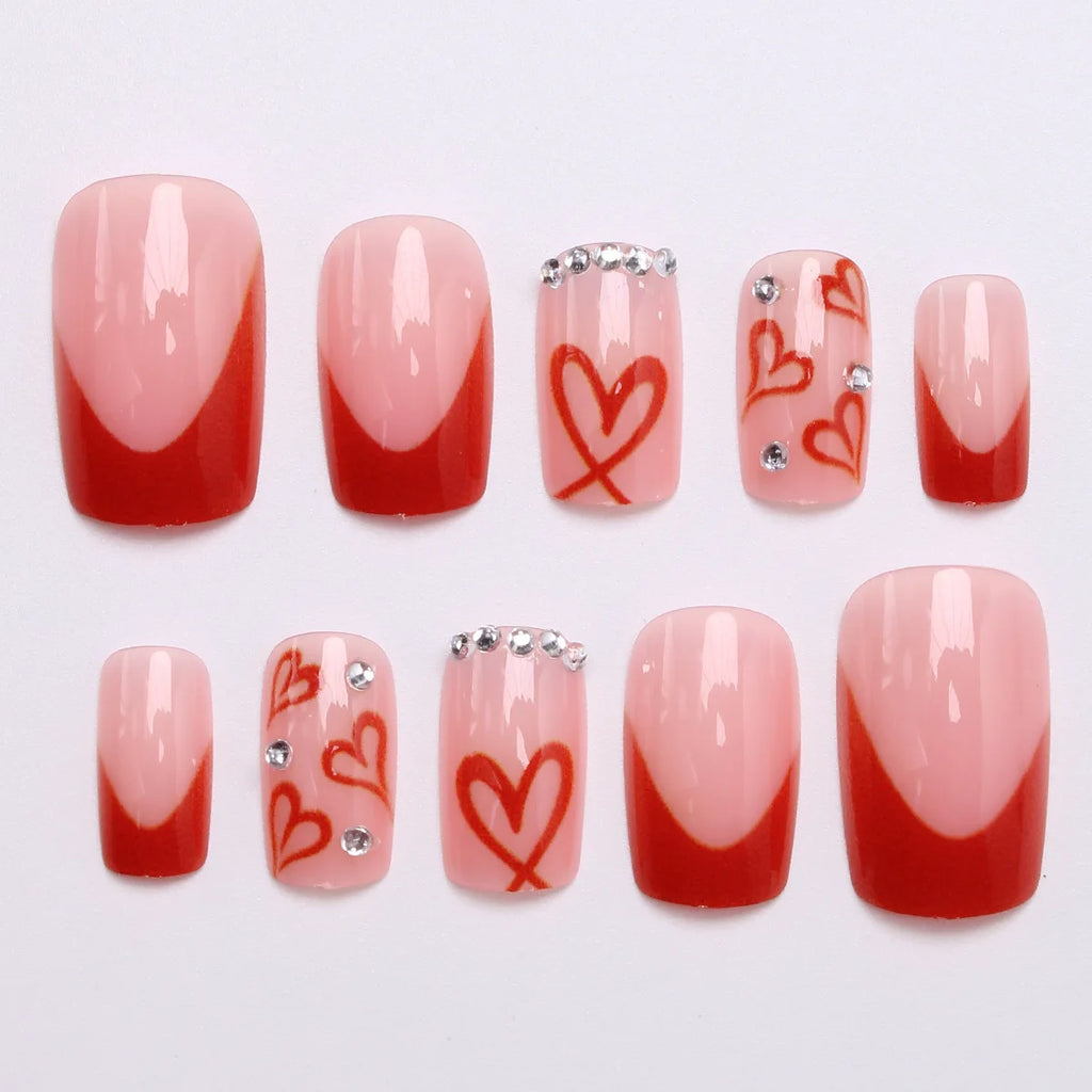 Medium square fake nails for Valentine's Day cute red heart with rhinestones design full cover french nail tips press on nails