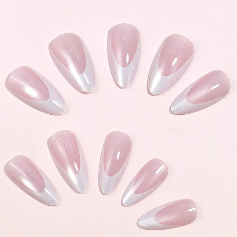 Short Medium fake nails for women glossy sparkling cat eyes french style white edge almond square shape press on false nail set