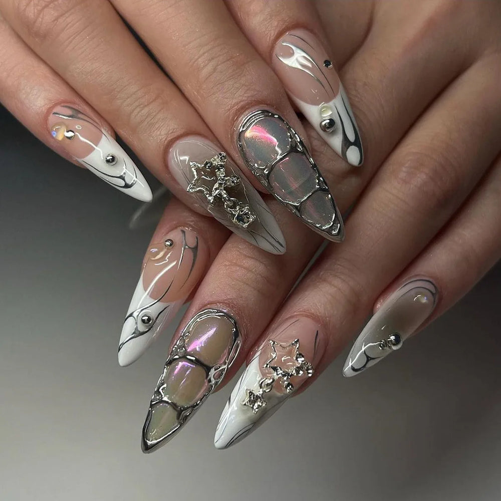 Y2K Black Ombre Star & Moon Press-On Nails – Medium Square, 24 Pcs