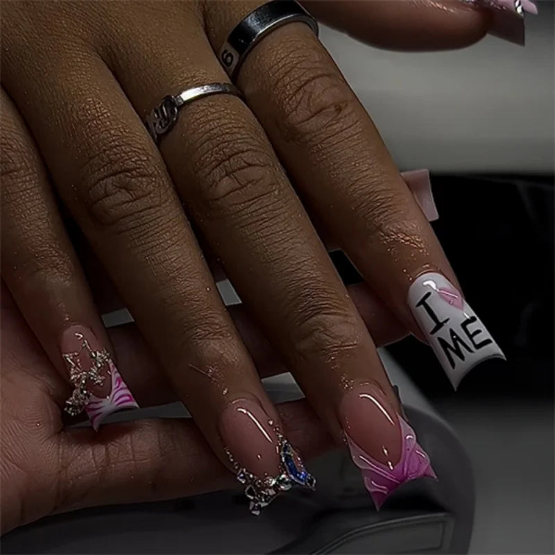 Pink Zebra Rhinestone Star French Press-On Nails – Long Square, 24 Pcs
