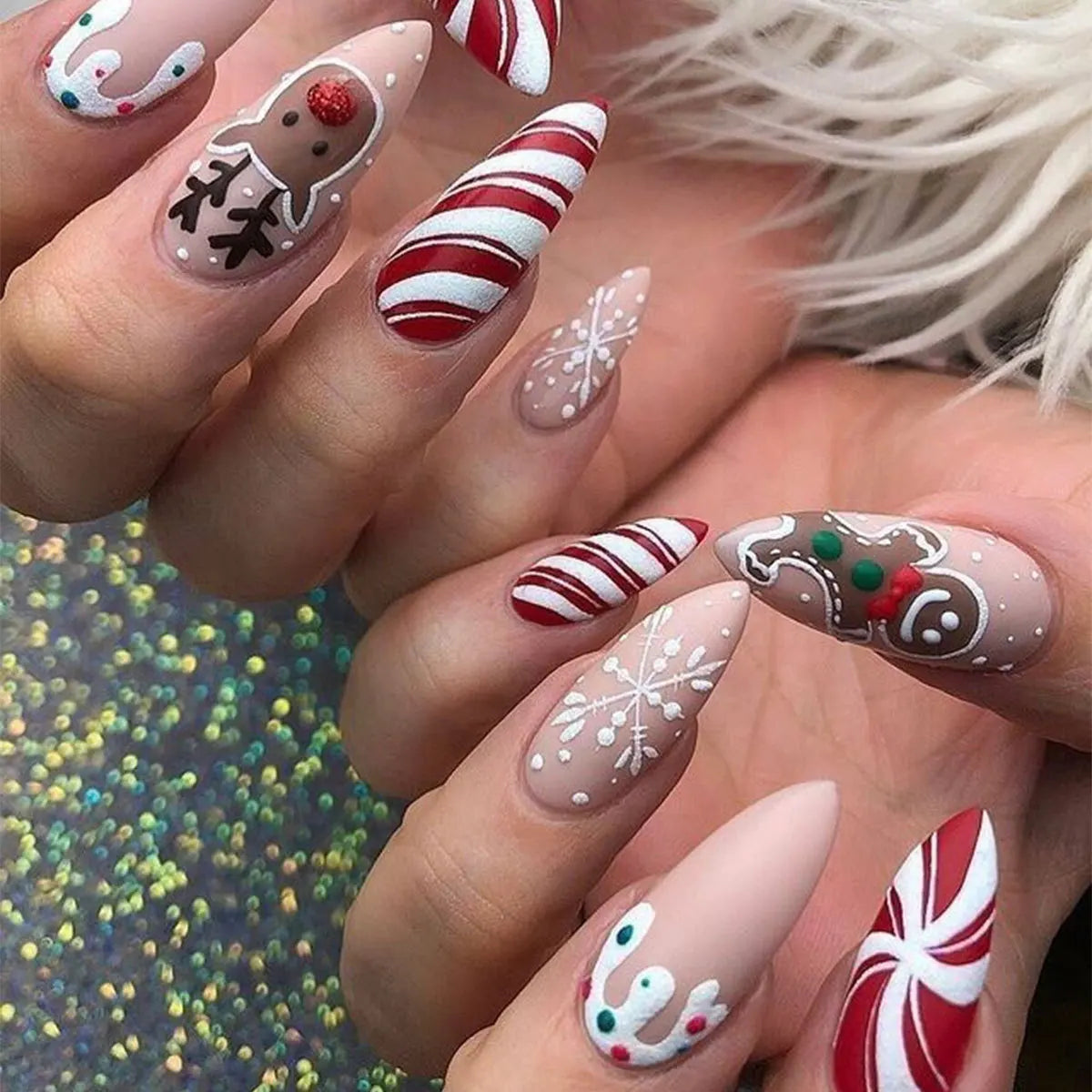 Medium long fake nails for Chirstmas party Square almond tips christmas tree snowflake gift snowman press on false nail art set