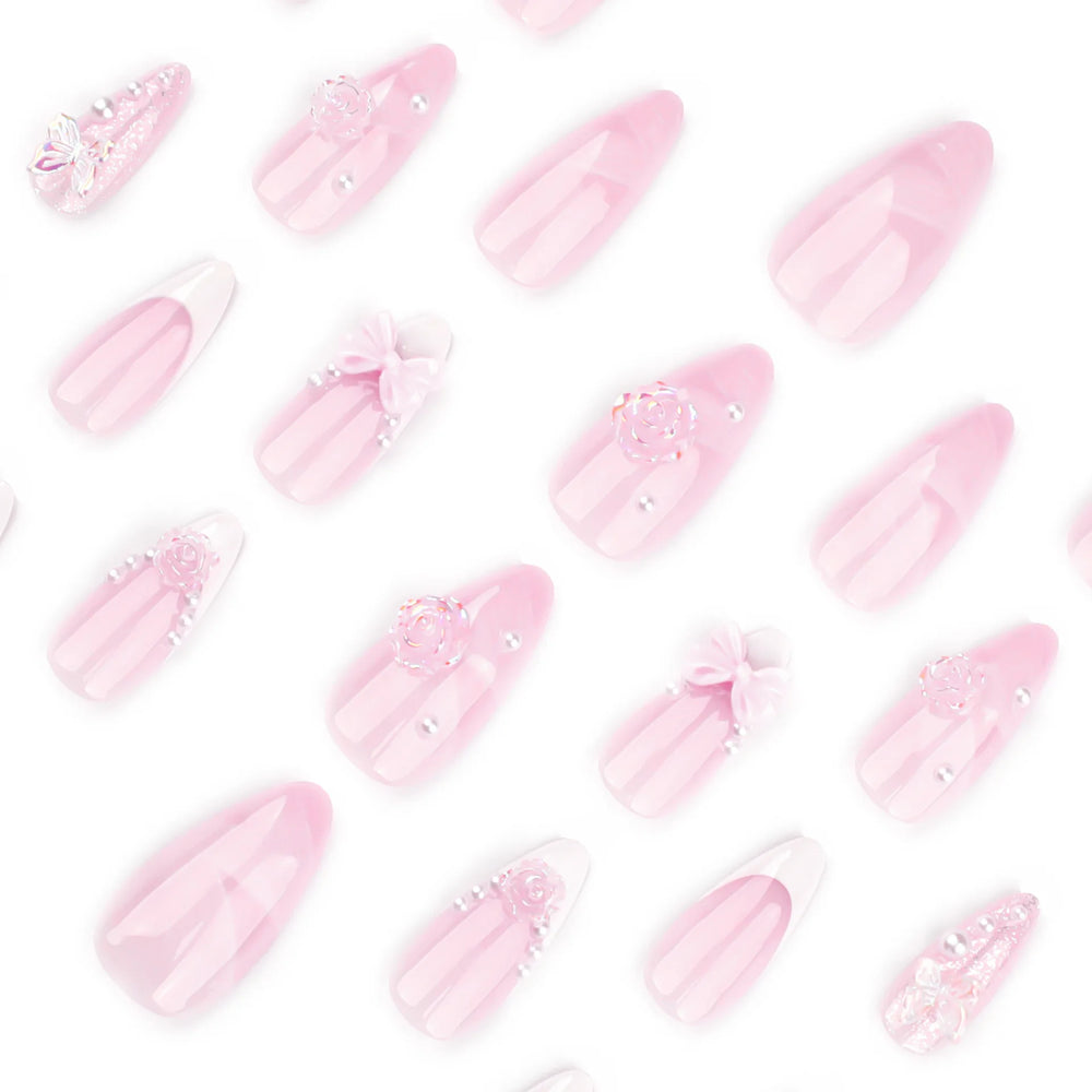 White French Tip Flowers & Bows Press-On Nails – Almond, 24 Pcs