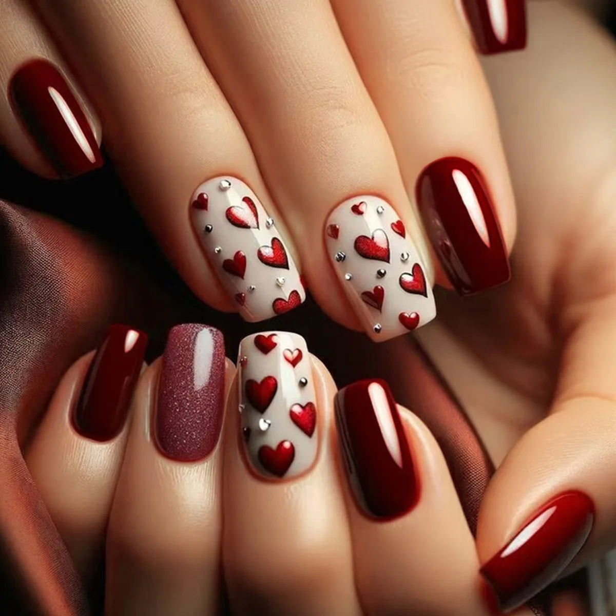 Medium square fake nails for Valentine's Day cute red heart with rhinestones design full cover french nail tips press on nails
