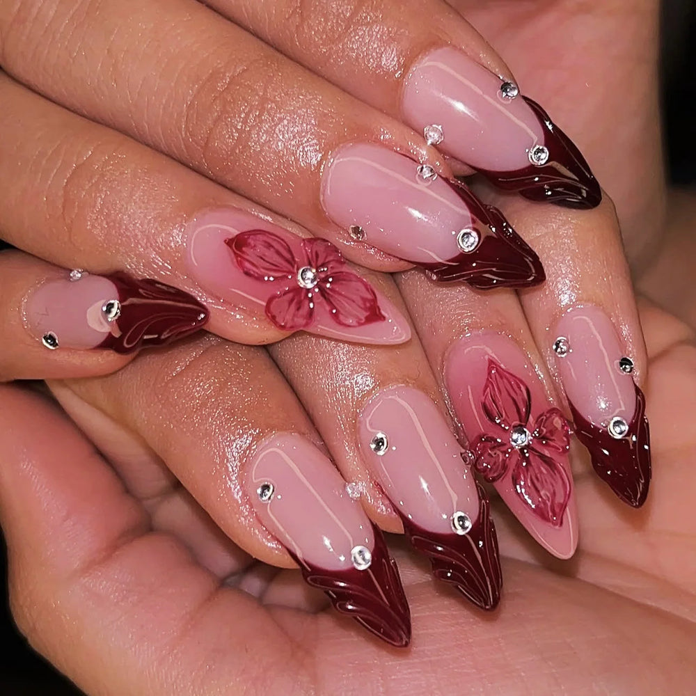 3D Dark Red Nude French Almond Press-On Nails with Embossed Flowers & Rhinestones