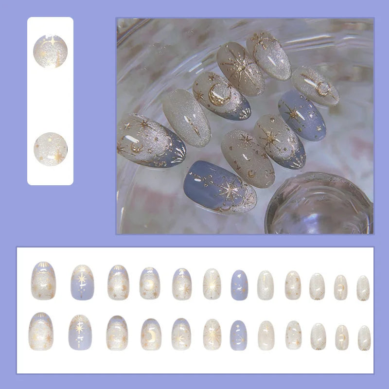 24pcs/set cat eyes fake nails for women Oval nail tips with moon star printing french style full cover press on false nails art