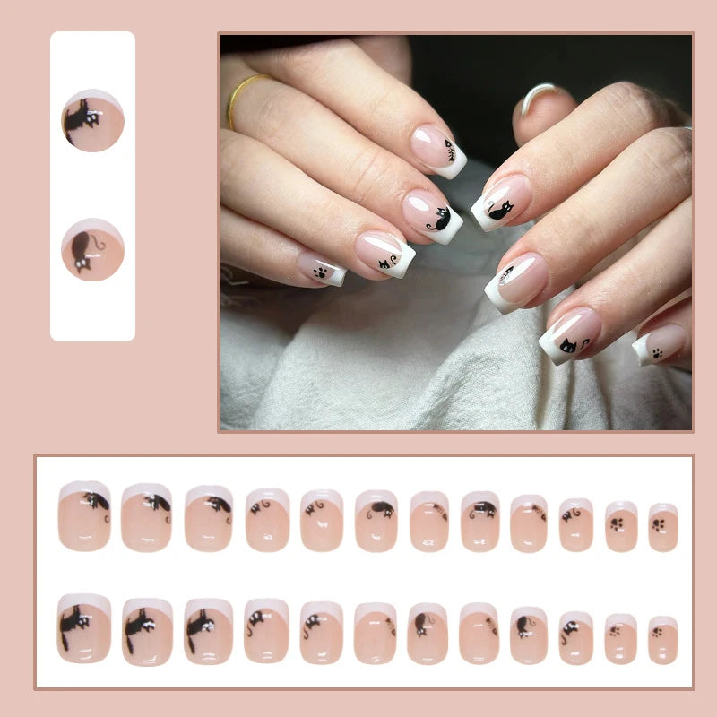Short Square fake nails nude nail tips with french style white edge cartoon black cat print for halloween press on false nails