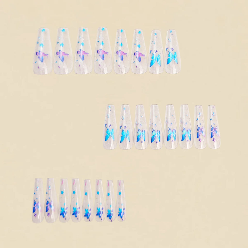 Medium Fake Nails for Women Gilrs Half Clear Ballet Nail Tips Gradient Purple Blue Butterfly Design Full Cover Press On Nail Set
