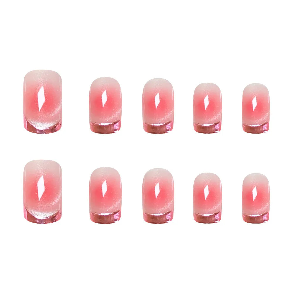 Medium fake nails for women Gradient blush pink shimmer cat eyes Holographic Plated french sqaure nail tips press on false nails