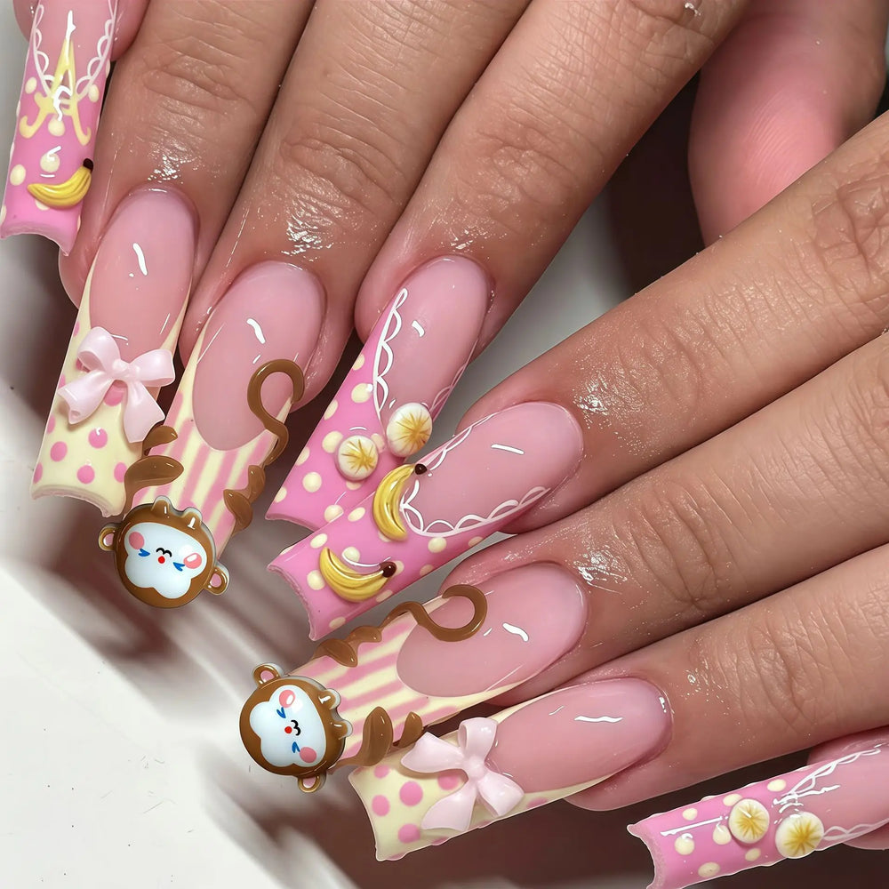 Pink & Yellow 3D Bow Monkey Banana Press-On Nails – Long Coffin, 24 Pcs