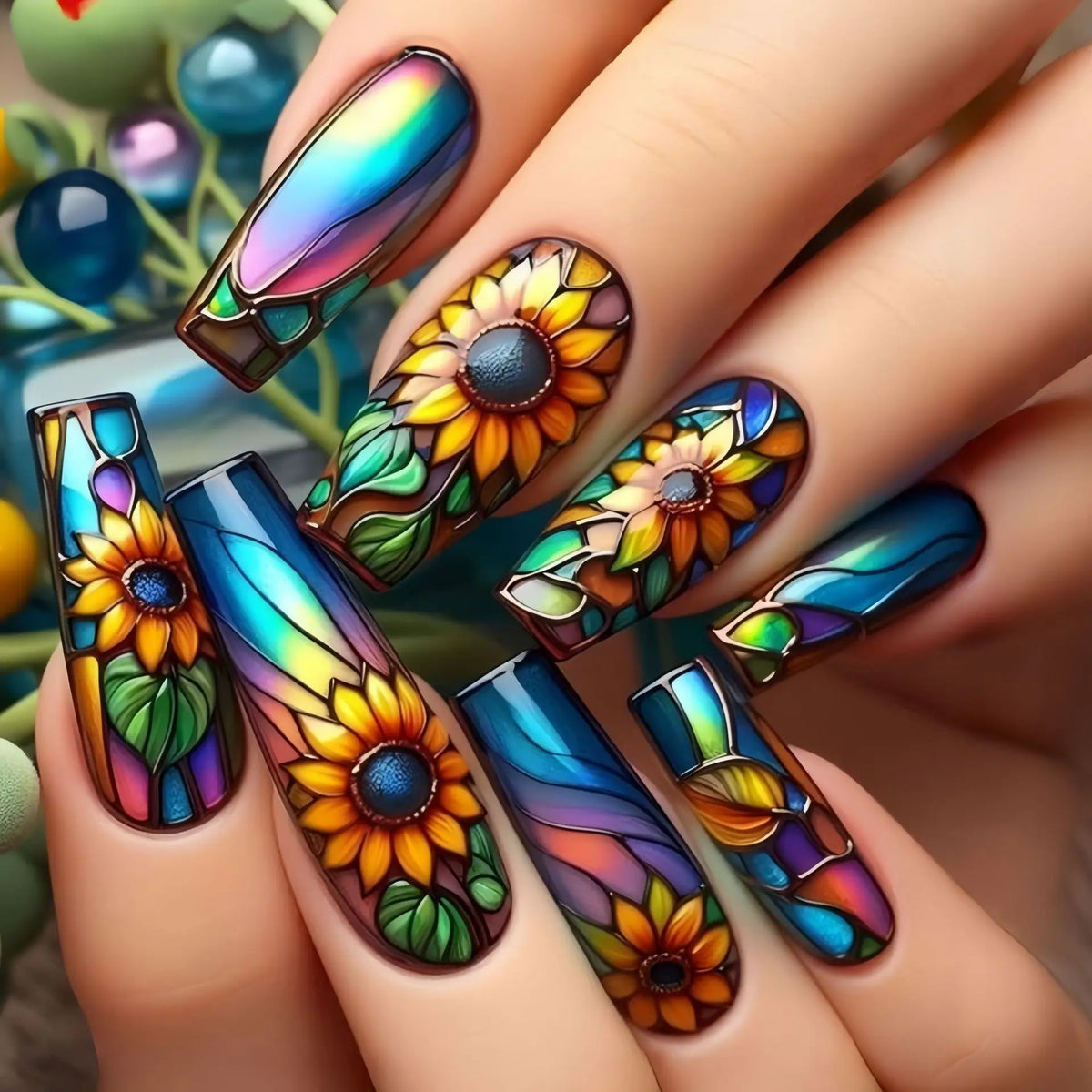 24pcs/set Medium Long Fake Nails for Autumn Winter Y2K Gradient Purple Blue Yellow Green Flowers Cute Gogga Press On False Nail