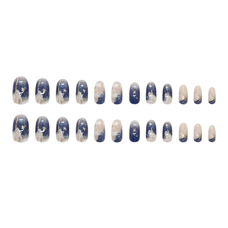 Smudged Blue Gold Star Press-On Nails – Almond, 24 Pcs