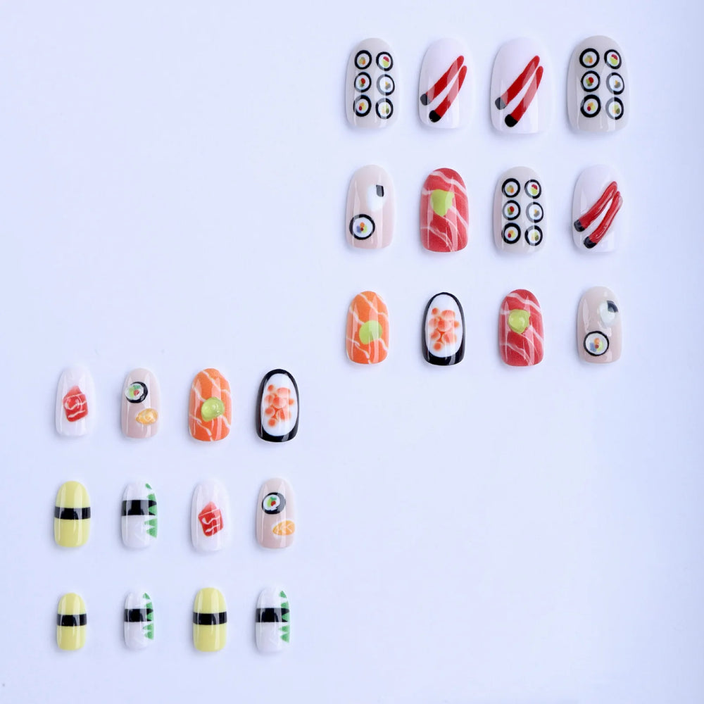 Cute Sushi Cartoon Press-On Nails – Short Oval, 24 Pcs