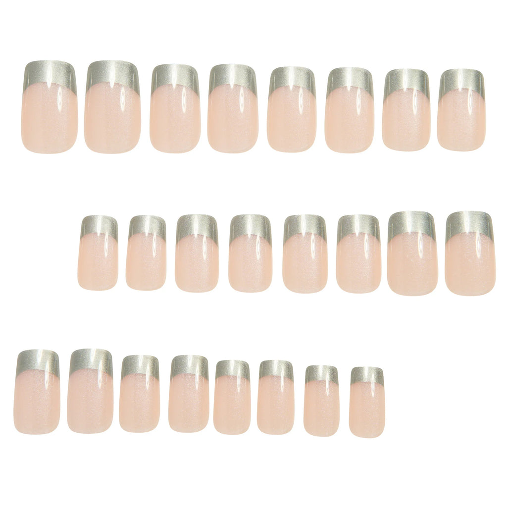 Medium fake nails for women Nude silver colors pear shimmer glossy square nail tips full cover reusable press on false nail