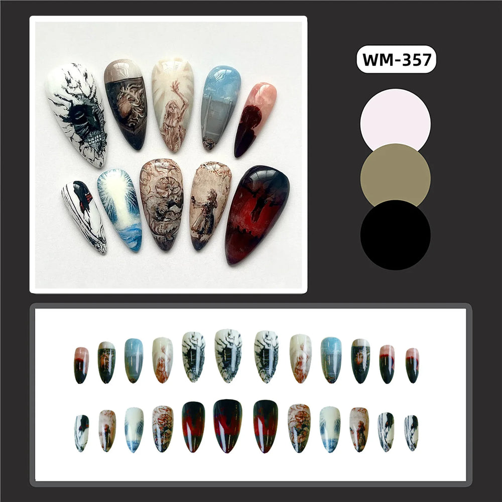 Dark Gothic Angel & Raven Handmade Press-On Nails – Stiletto, 10 Pcs