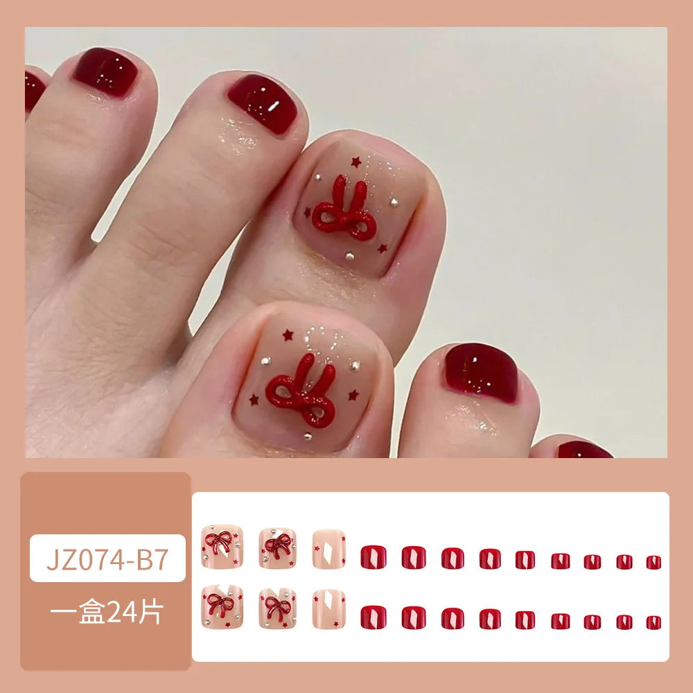 Red Bow & Star Rhinestone Press-On Toenails – Short Square, 24 Pcs