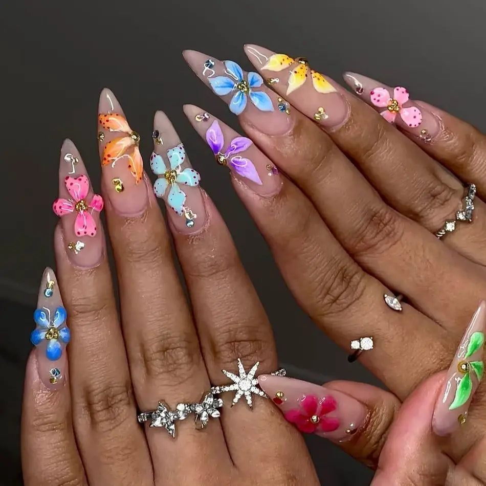 Medium fake nails for women Gradient nude brown blue flowers or rhinestones fall winter almond tips press on false nail art set
