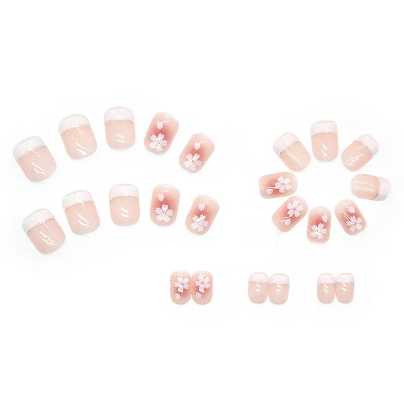 Short square fake nails for women gilrs Spring summer flowers white pink yellow colors full cover press on acrylic false nails