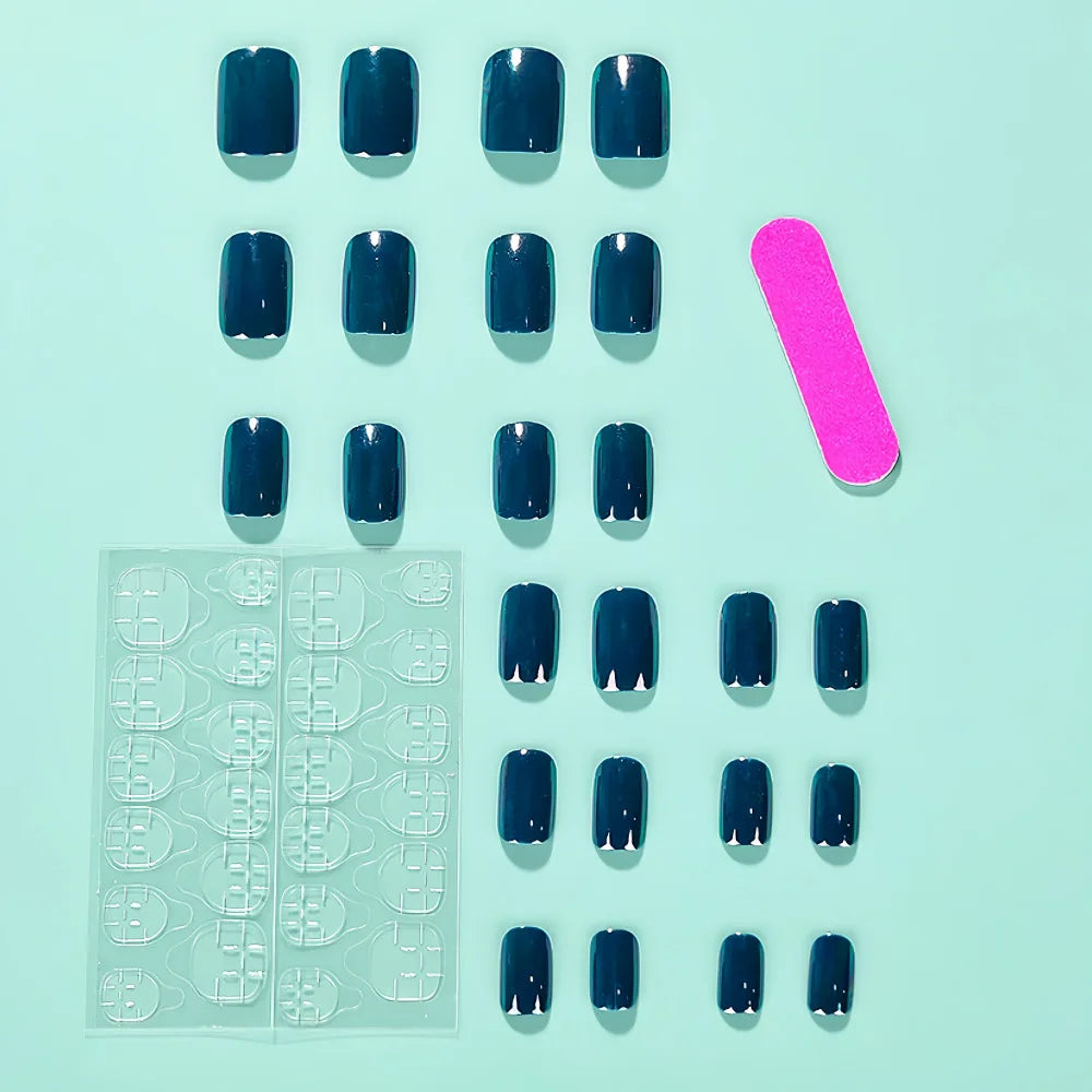 24pcs/set dark blue fake nails for women Holographic Plated glossy square nail tips full cover reusable press on false nail kit