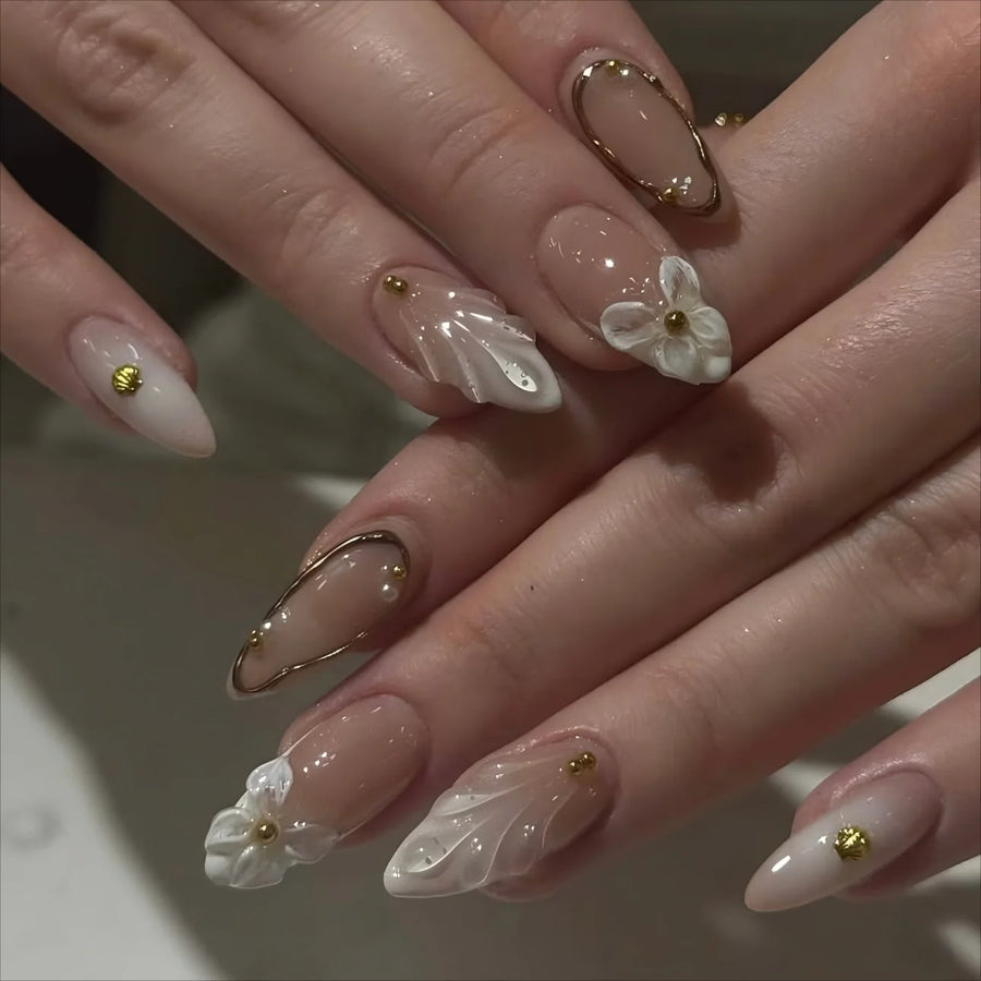Gold Stripe Flower White French Press-On Nails – Almond, 24 Pcs