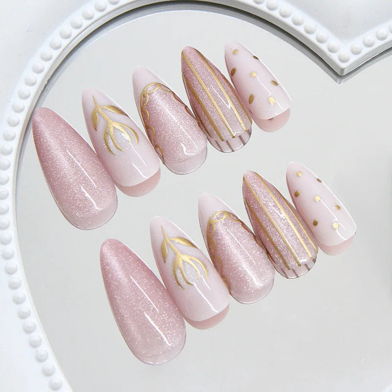 3D fake nails for women girls glossy shimmer cat eyes with flowers rhinestones design full cover almond tips press on nails art