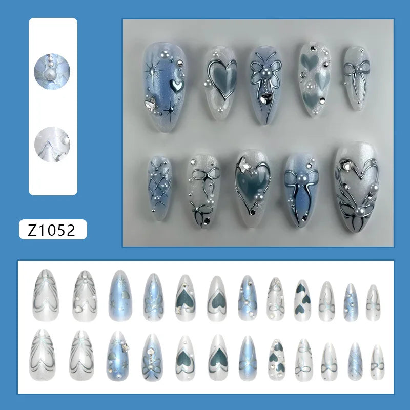 Dream Blue Y2K Chrome Heart & Butterfly Press-On Nails – Almond, 24 Pcs