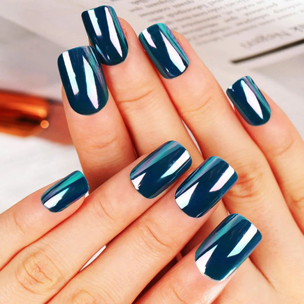24pcs/set dark blue fake nails for women Holographic Plated glossy square nail tips full cover reusable press on false nail kit