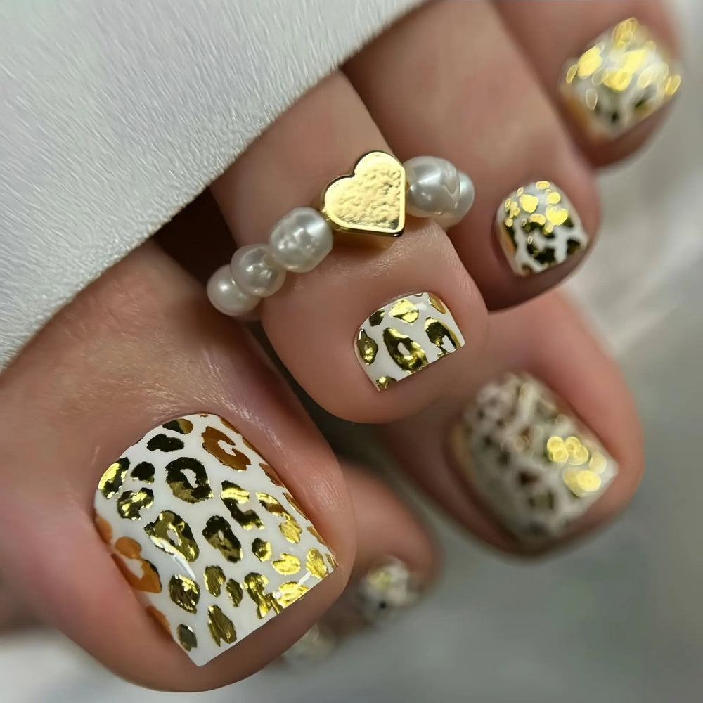 Gold & Pink Leopard Press-On Toenails – 24 Pcs