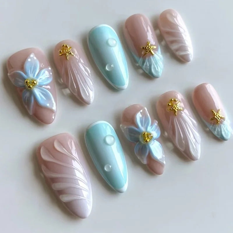 3D Green Ripple Cat-Eye French Almond Press-On Nails – Leaf Pattern, 24 Pcs