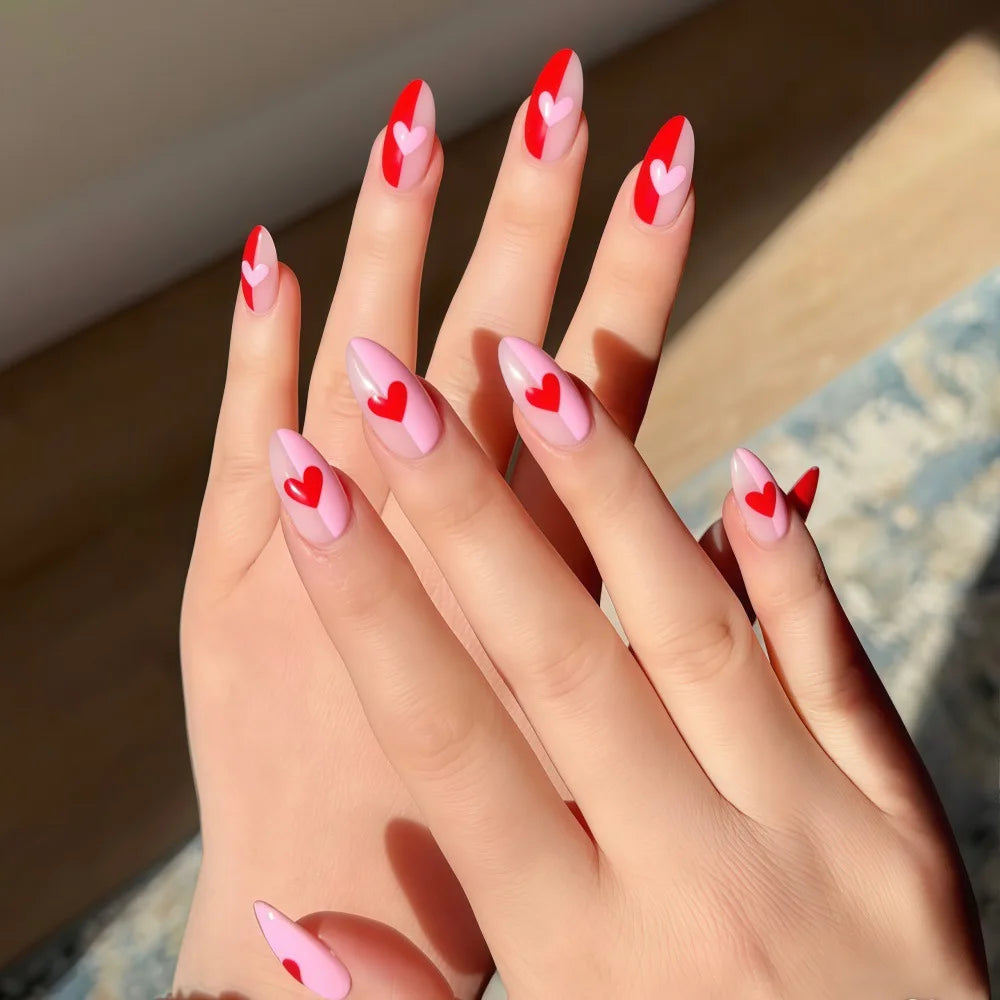 Medium Almond Fake Nails for Women Girls Red Pink Heart with Polka Dots Design for Valentine's Day Manicure Press On False Nail