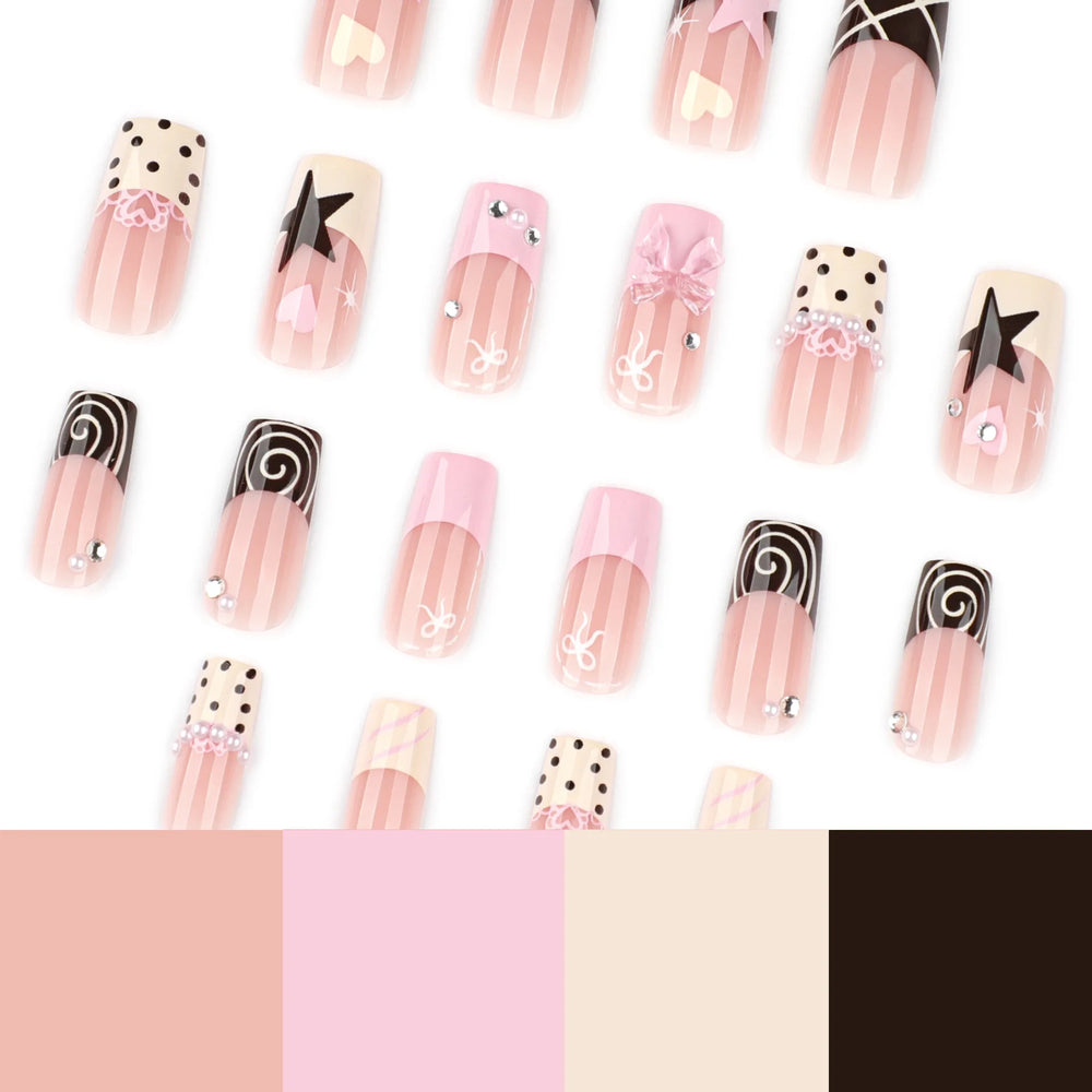 Star & Spiral Stripe French Bow Press-On Nails – Medium Square, 24 Pcs