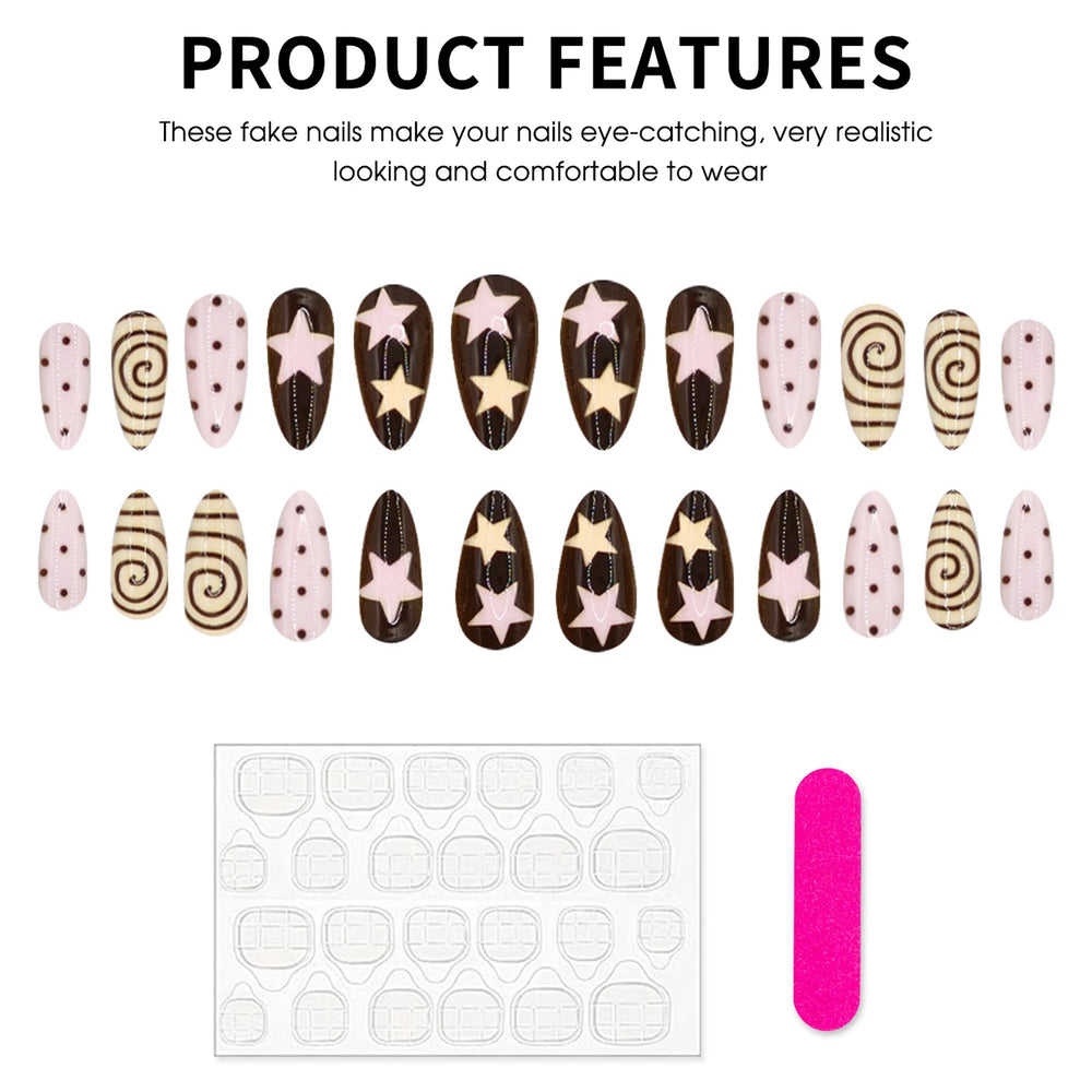 Pink Brown Spiral & Star Polka Dot Press-On Nails – Almond, 24 Pcs