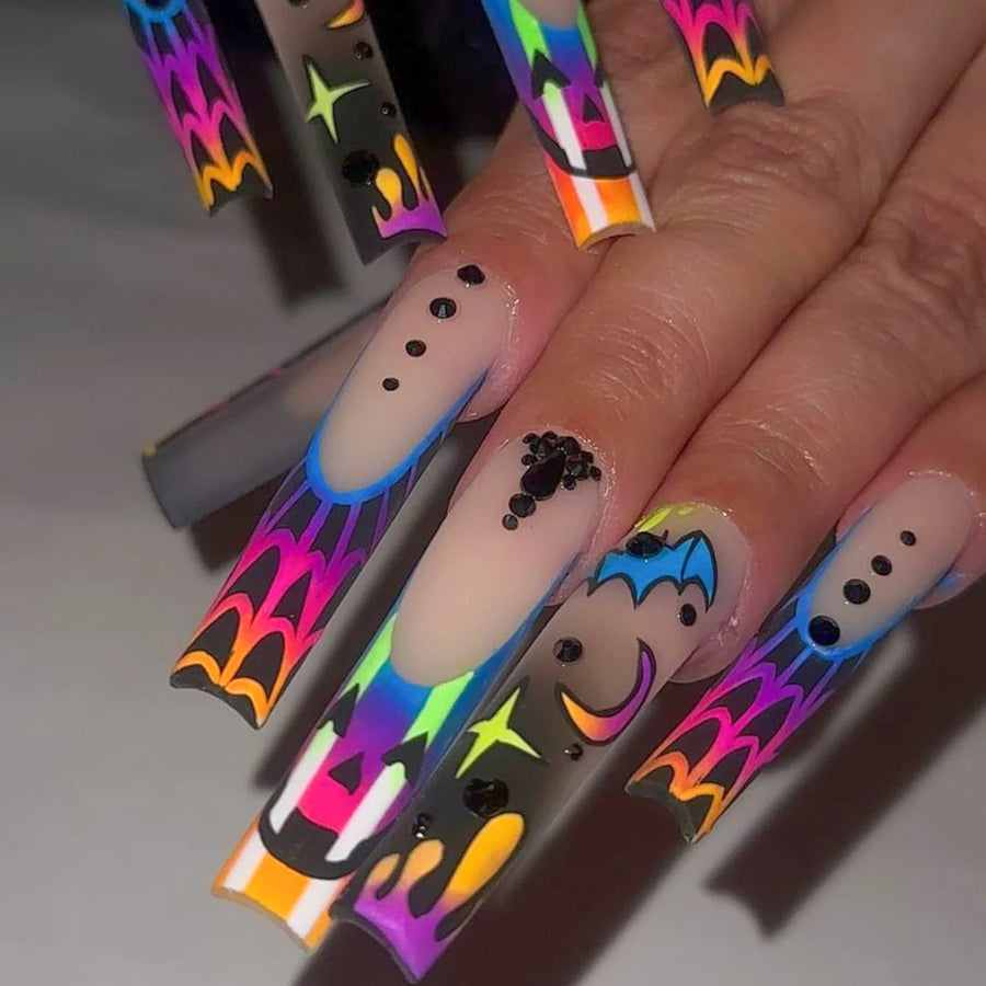 Neon Graffiti Halloween French Press-On Nails – Long Coffin, 24 Pcs