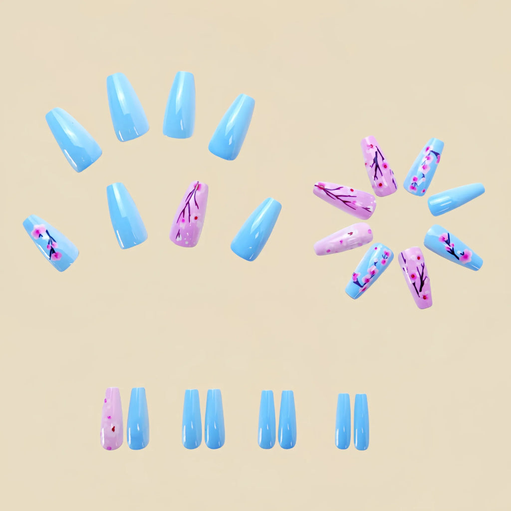 Medium long fake nails for women Blue Pink colors with flowers print glossy ballet nail tips full cover press on false nail set