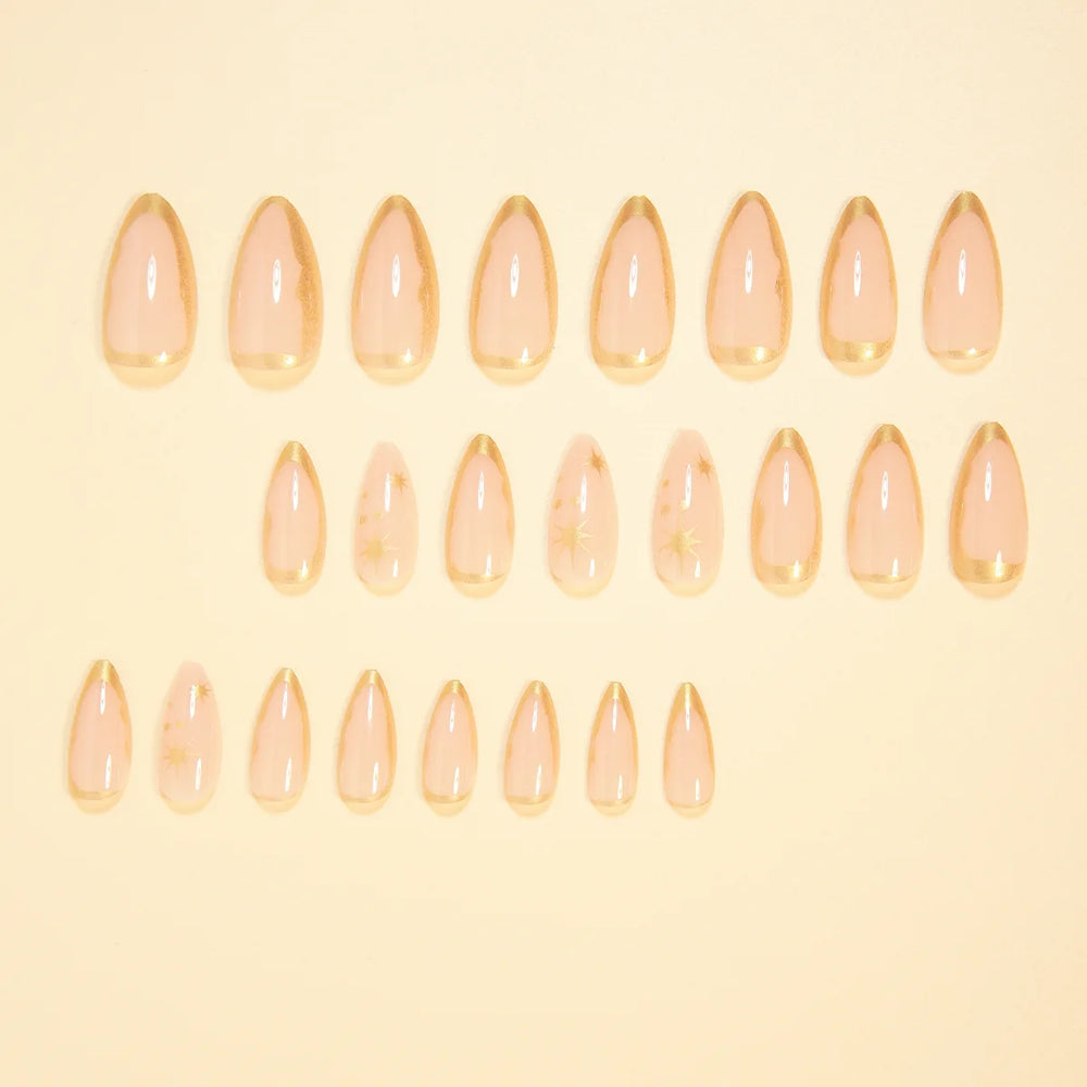 Nude Gold Frame Star Print Almond Press-On Nails – 24 Pcs