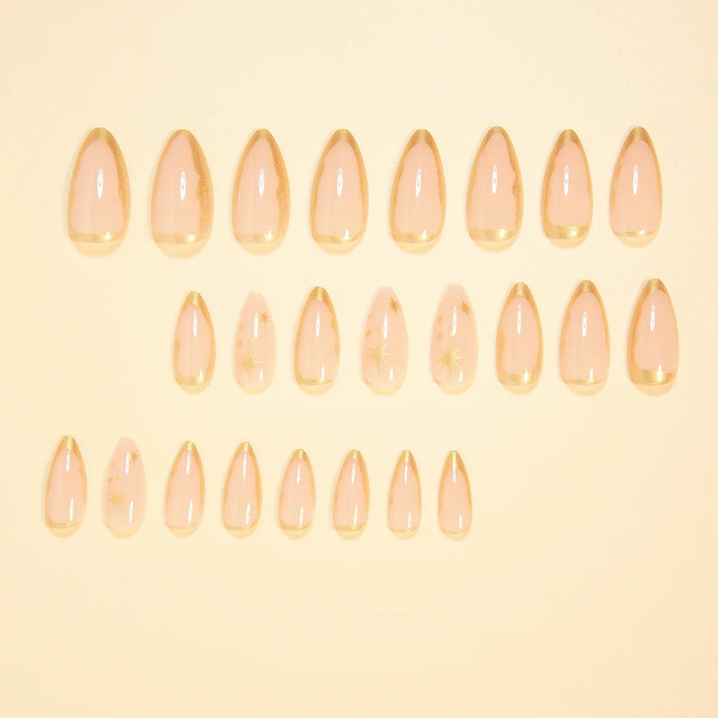 24pcs/set Nude Fake Nails with Golden Frame Star Print Full Cover Almond Shape Nail Tips Reusable Press on Artificial Nails Art