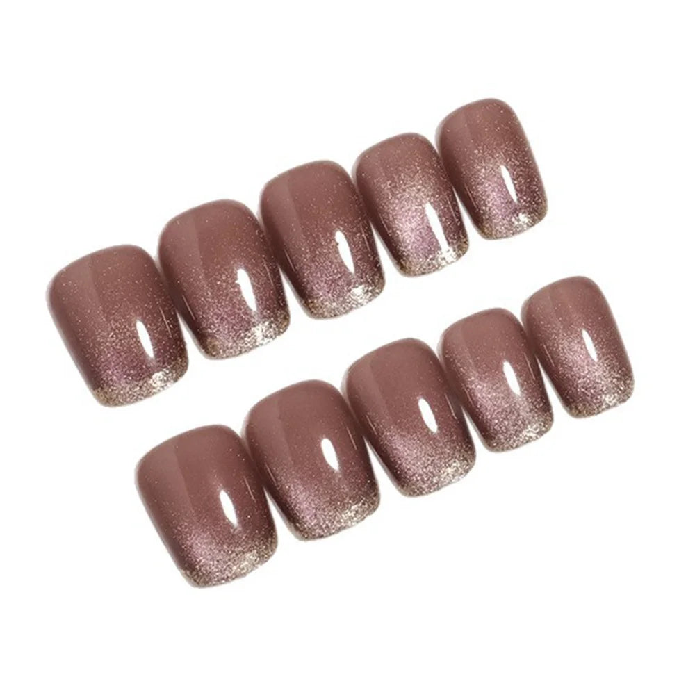 Nude Coffee Cat Eye Press-On Nails with Gold Glitter Edge – Short Square