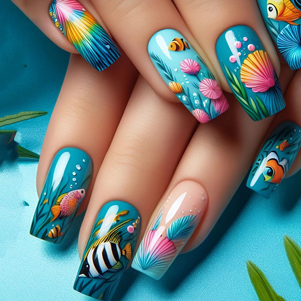 Ocean Jellyfish & Turtle Cute Animal Press-On Nails – Medium Long, 24 Pcs