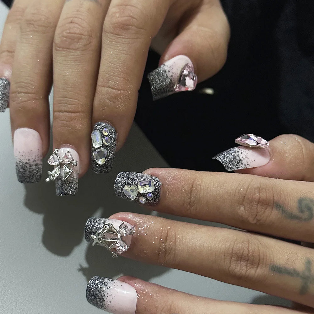 Glitter Rhinestone Pearl Bow Press-On Nails – Long Square, 24 Pcs