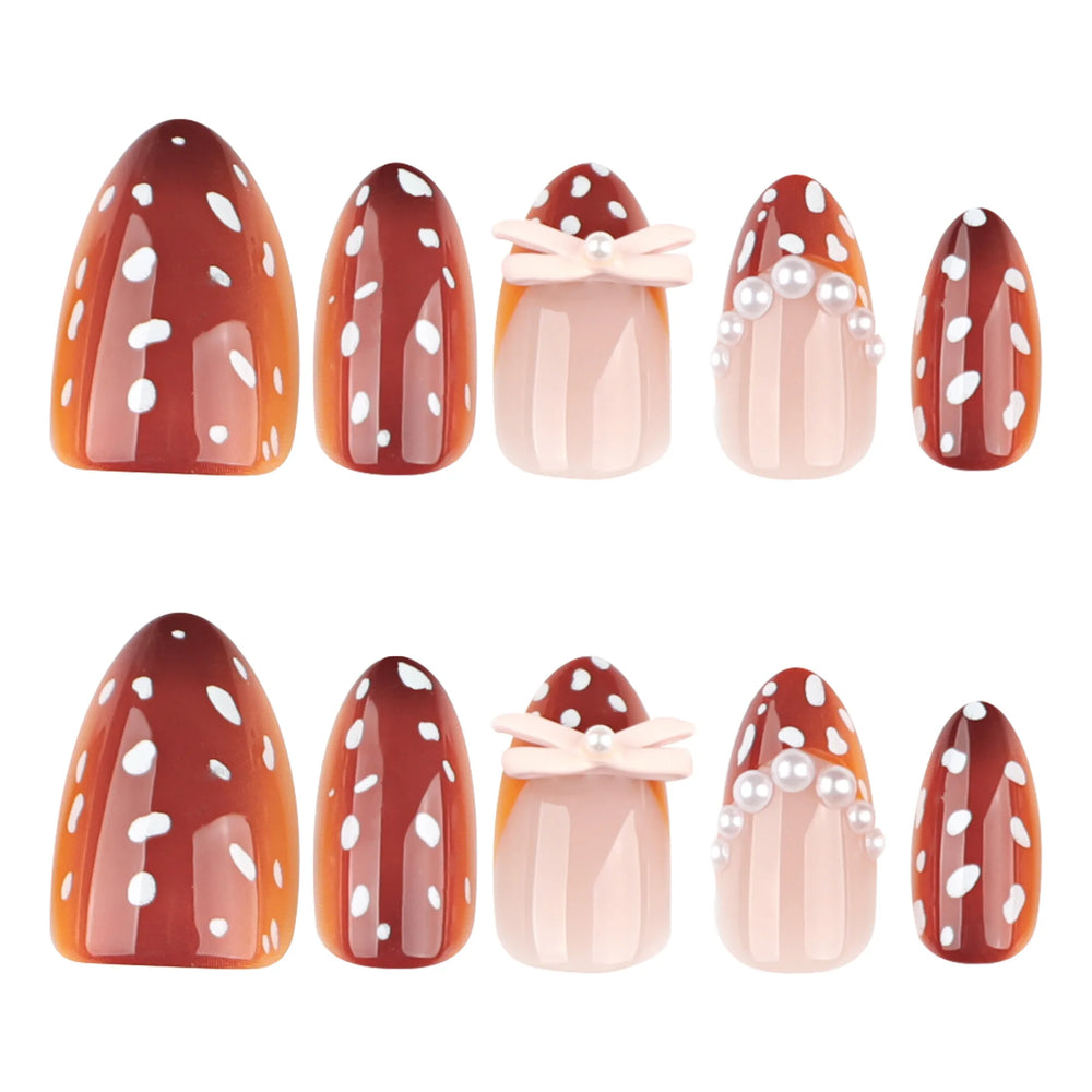 Brown Autumn Polka Dot Bow & Pearl Press-On Nails – Almond, 24 Pcs