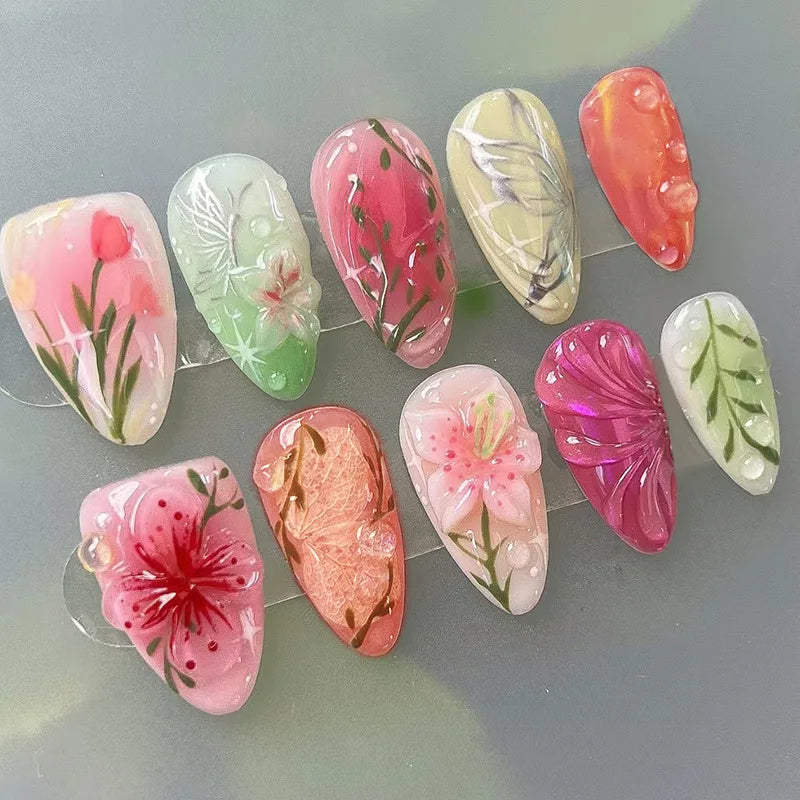 Gold Pink 3D Flower & Pearl Press-On Nails – Almond, 24 Pcs