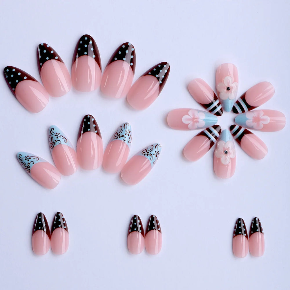 Blue Polka Dot White Flower Press-On Nails – Almond, 24 Pcs