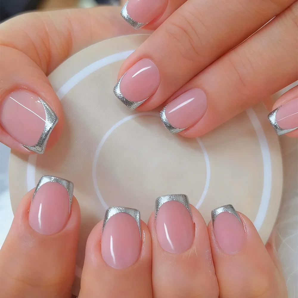 24pcs/set nude square fake nails for women girls french silver red golden frame edge full cover nail tips press on acrylic nail